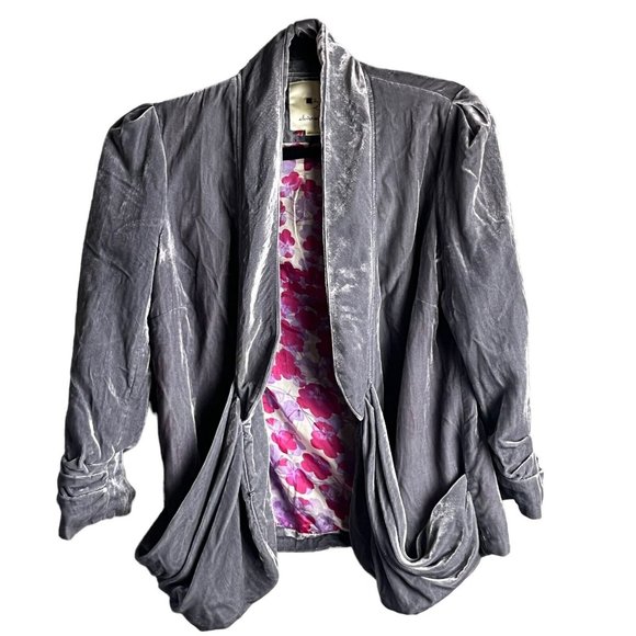 Elevenses by Anthropologie Grey Velvet Blazer Draped Front Relaxed Fit Jacket 4 - Picture 4 of 11